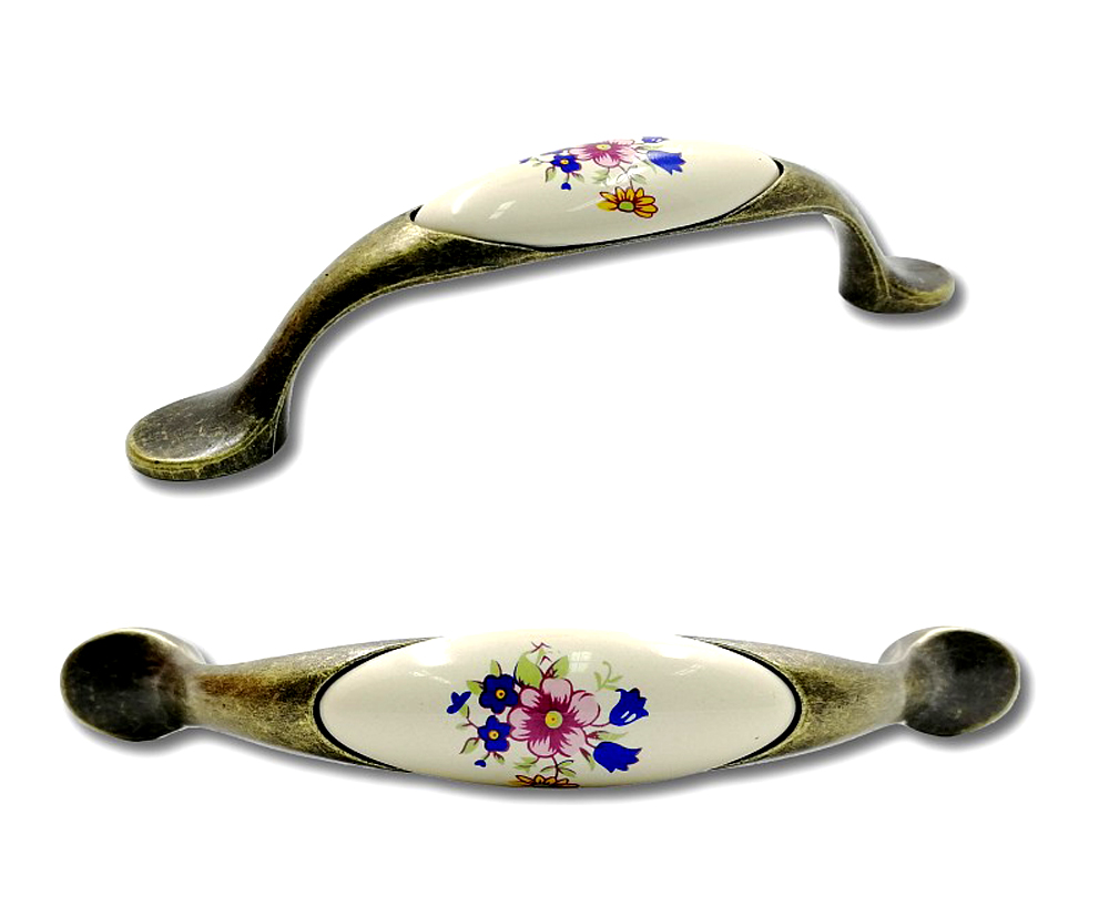 62143-úchytka 96mm staromosaz porcelán kytka